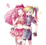  2girls applejack blush bow closed_eyes crop_top fingerless_gloves gloves hair_bow highres humanization multicolored_hair multiple_girls mxx33 my_little_pony open_mouth personification pink_hair pink_skirt ponytail rainbow_dash rainbow_hair skirt striped striped_thighhighs thigh-highs 