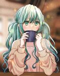  1girl bangs blowing_steam blunt_bangs blurry blurry_background bokeh cafe cardigan casual coffee_mug cup curly_hair depth_of_field elbow_on_table elbow_rest eyelashes fingernails flat_chest green_eyes green_hair green_nails hands_up hatsune_miku highres holding holding_cup indoors light_blush looking_afar low_twintails mug open_cardigan open_clothes orange_cardigan parted_lips sasakimohico shirt sidelighting sidelocks solo table tareme twintails vocaloid white_shirt 