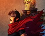  2boys black_hair blonde_hair cloak colored_skin cris_art ear_piercing forehead_protector green_scales green_skin hulkling looking_ahead male_focus marvel multiple_boys piercing red_cloak short_hair sideburns thick_eyebrows upper_body wiccan zipper 