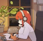  1girl book braid chainsaw chainsaw_man chair city_lights headphones highres holding holding_toy ix makima_(chainsaw_man) night office_chair paper plant pochita_(chainsaw_man) potted_plant profile rain redhead scissors shirt sitting stuffed_toy toon_(style) toy white_shirt window yellow_eyes 