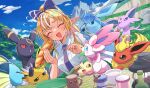  1girl :d bangs blonde_hair blue_necktie blush bow closed_eyes collared_shirt day espeon flareon food glaceon hair_bow highres holding holding_food hololive itaboon jolteon leafeon long_hair multiple_girls necktie outdoors pokemon pokemon_(creature) ponytail sandwiched shiranui_flare shirt short_sleeves smile streaked_hair sylveon umbreon vaporeon virtual_youtuber white_hair white_shirt 