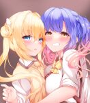  2girls absurdres bangs blue_eyes blue_hair blunt_bangs blush bow bowtie breasts breasts_squeezed_together brown_background chestnut_mouth collar eyelashes gradient_hair grin hair_between_eyes hair_bun hair_intakes half-closed_eyes heads_together highres hug kohibari_kurumi koyo_aki_(vtvd5277) large_breasts looking_at_viewer multicolored_hair multiple_girls necktie open_mouth pink_hair shirayuki_noa shirt sidelocks simple_background sleeves_rolled_up small_breasts smile straight_hair suspenders sweater_vest teeth tenshi_souzou twintails wavy_hair white_collar white_shirt wing_hair_ornament yellow_bow yellow_bowtie yellow_eyes yellow_necktie yellow_sweater_vest yuzu-soft 