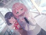 2girls bang_dream! blush green_eyes holding_flower holding_letter jacket official_art pink_hair school_uniform short_hair snow sunlight tears uehara_himari ushigome_rimi