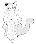  1girl :&lt; absurdres animal_ear_fluff animal_ears animal_feet animal_nose arms_at_sides barefoot belt blush body_fur bow cat_ears cat_girl cat_tail closed_mouth cocri commentary_request fang fang_out flat_chest full_body furry furry_female gradient_hair greyscale hair_bow halftone highres jewelry long_hair long_skirt long_sleeves looking_at_viewer monochrome multicolored_hair necklace original pleated_skirt simple_background skirt sleeves_past_wrists solo standing sweater tail v-shaped_eyebrows very_long_hair whiskers white_background 