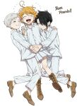  1girl 2boys absurdres black_hair boots brown_footwear closed_eyes emma_(yakusoku_no_neverland) english_text grey_hair hair_over_one_eye highres holding_hands korean_commentary long_sleeves multiple_boys neck_tattoo norman_(yakusoku_no_neverland) one_eye_closed open_mouth orange_hair pants pillosopi ray_(yakusoku_no_neverland) shirt shoes simple_background skirt smile tattoo teeth upper_teeth_only white_background white_pants white_shirt white_skirt yakusoku_no_neverland 