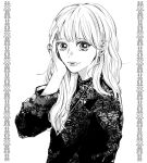  1girl bangs casual closed_mouth commentary ear_piercing earrings greyscale hair_over_shoulder hand_on_own_head jewelry lace-trimmed_shirt lace_trim lips long_hair long_sleeves looking_at_viewer mole mole_under_mouth monochrome nose original piercing ring saitou_shiori_(pixiv14549321) shirt simple_background single_earring sleeves_past_elbows solo stud_earrings upper_body 
