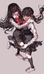  2girls bangs black_hair black_socks chainsaw_man chaoxibumian collared_shirt dress fourth_east_high_school_uniform grey_background hand_on_another&#039;s_shoulder highres holding_another&#039;s_hair long_hair looking_to_the_side messy_hair mitaka_asa multiple_girls pinafore_dress red_eyes red_ribbon ribbon scar scar_on_cheek scar_on_face school_uniform shirt simple_background smile socks twintails white_footwear white_shirt yoru_(chainsaw_man) 