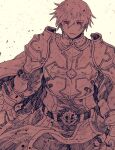  1boy armor bangs belt bio_lab breastplate brown_theme chainmail commentary_request cowboy_shot cross expressionless eyes_visible_through_hair gauntlets hair_between_eyes looking_at_viewer lord_knight_(ragnarok_online) male_focus open_mouth pauldrons ragnarok_online red_eyes seyren_windsor short_hair shoulder_armor simple_background solo spiked_gauntlets spot_color tabard tokio_(okt0w0) 