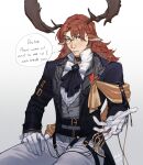  absurdres antlers arknights ascot bow bowtie czerny_(arknights) formal highres long_hair male_focus mobrinono monocle outstretched_hand redhead sitting suit talking 