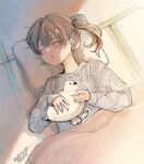 1girl artist_name blanket brown_hair closed_eyes commentary_request dated grey_sweater kaga_(kancolle) kantai_collection kirisawa_juuzou long_hair lying on_back pillow side_ponytail sleeping solo stuffed_animal stuffed_bird stuffed_toy sweater tatami upper_body 