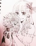  1girl bangs bare_shoulders bouquet bow closed_mouth dress earrings flower greyscale hair_bow hair_ornament hair_over_shoulder halftone highres holding holding_bouquet jewelry leaf long_hair looking_at_viewer monochrome off-shoulder_dress off_shoulder original photo_(medium) ribbon rose saitou_shiori_(pixiv14549321) single_earring sleeveless sleeveless_dress smile solo stud_earrings traditional_media upper_body wavy_hair 