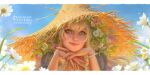  1girl blonde_hair blue_sky copyright_request english_text flower green_eyes hair_flower hair_ornament hat highres holding holding_paintbrush letterboxed looking_at_viewer paintbrush sky smile straw_hat viktoria_gavrilenko 
