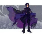  1boy black_coat black_hair black_pants character_name coat english_text floral_background flower grey_background harry_potter_(series) lily_(flower) looking_at_viewer male_focus medium_hair pants petals purple_robe robe severus_snape slytherin solo_focus wand yihui 