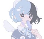  +_+ 1girl :3 am314 angel_wings animal_ears bangs bear_ears bear_girl black_eyes black_hair blue_hair blunt_bangs cloud_hair_ornament collared_shirt cross cross_necklace eating food hair_ornament hairclip holding holding_food ice_cream jewelry multicolored_hair name_tag neck_ribbon necklace open_mouth original popsicle ribbon shirt short_hair smile solo sparkle split-color_hair sweater_vest translation_request two_side_up white_background wings 