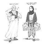2girls ? ?? bag carrying_bag english_text handbag hello_kitty_print highres hijab jacket monochrome multiple_girls one_eye_closed open_clothes open_jacket original pants sandals shoes sparkle sweatpants trash_bag white_background winchestermegg
