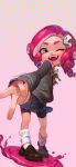  blue_eyes fangs gradient gradient_background hair_ornament highres jinwu_(artist) octoling octoling_girl one_eye_closed open_mouth pink_background pink_hair puddle school_uniform signature simple_background skirt splatoon_(series) tentacle_hair v watermark 