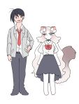  1boy 1girl :&lt; animal_ear_fluff animal_ears animal_feet animal_hands annoyed arm_at_side arms_at_sides artist_name asymmetrical_hair bangs black_choker black_hair black_skirt blue_eyes body_fur bow bowtie brown_eyes cat_ears cat_girl cat_tail choker closed_mouth cocri collared_shirt commentary_request earrings eye_contact flat_chest flat_color full_body furry furry_female gradient_hair grey_fur grey_hair grey_jacket grey_shirt hair_between_eyes hair_bow hand_on_hip highres jacket jewelry long_hair looking_at_another looking_to_the_side multicolored_hair necktie nervous nervous_smile open_clothes open_jacket open_mouth original red_bow red_bowtie red_necktie shirt shirt_tucked_in short_hair short_sleeves signature simple_background sketch skirt smile standing straight-on stud_earrings sweat tail two-tone_fur two-tone_hair v-shaped_eyebrows very_long_hair whiskers white_background white_bow white_fur white_hair wide-eyed 