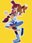  1girl :d ^_^ bad_id bad_twitter_id blush boots braid braided_ponytail brown_hair chloe_(pokemon) closed_eyes collared_dress commentary_request dress eevee full_body green_eyes kuwagata_zaurus leg_up long_hair neck_tassel open_mouth outline pokemon pokemon_(anime) pokemon_(creature) pokemon_journeys pokemon_on_arm school_uniform simple_background smile tongue vermilion_city_school_uniform white_dress white_footwear yellow_background 