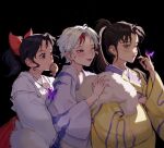  3girls ;d bangs bead_bracelet beads black_background black_hair blue_eyes blush bow bracelet brown_eyes brown_hair bug butterfly butterfly_on_hand closed_mouth commentary from_side girl_sandwich hair_bow hakama han&#039;you_no_yashahime hand_up happy high_ponytail highres higurashi_towa inuyasha japanese_clothes jewelry kimono lineup long_sleeves looking_at_another looking_at_viewer looking_away miko moroha mouth_hold multicolored_hair multiple_girls one_eye_closed ponytail purple_butterfly red_bow red_eyes red_hakama redhead sandwiched setsuna_(inuyasha) shai0113 shawl short_hair smile streaked_hair twitter_username upper_body white_hair white_kimono wide_sleeves yellow_kimono 