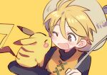  1girl ;d affectionate bangs black_shirt blonde_hair blush_stickers brown_eyes commentary hair_between_eyes hat long_sleeves looking_down one_eye_closed open_mouth orange_vest pikachu pokemon pokemon_(creature) pokemon_adventures pokemon_on_arm shirt short_hair simple_background smile symbol-only_commentary taneda_yuuta upper_body vest yellow_(pokemon) yellow_background 