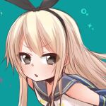  1girl blonde_hair blush bow bubble buttons close-up frown hair_bow hoshimiya_aki kantai_collection leaning_forward long_hair lowres open_mouth sailor_collar shimakaze_(kancolle) simple_background solo sparkle upper_body very_long_hair 