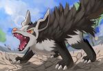  claws clouds colored_sclera commentary_request day highres jira_(ziraiya26) mightyena no_humans open_mouth outdoors pokemon pokemon_(creature) red_eyes rock sky solo tongue yellow_sclera 