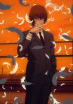  1boy alesio_rossino bangs brown_hair chain-link_fence cigarette clouds collared_shirt crossed_bangs feathers fence formal hair_between_eyes hand_in_pocket highres hitomi_hirosuke_(sayonara_wo_oshiete) holding holding_cigarette looking_at_viewer male_focus necktie on_roof orange_sky outdoors red_necktie rooftop sanpaku sayonara_wo_oshiete shirt sky smile smoke smoking solo suit twilight watch watch 