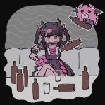  1girl bangs black_hair blush bottle couch creature cup demon_horns denonbu dress drinking_glass drooling hair_ornament hair_ribbon highres holding holding_bottle horns long_hair looking_ahead mouth_drool on_couch open_mouth pink_ribbon pomemori puffy_short_sleeves puffy_sleeves purple_dress reml ribbon short_sleeves sitting twintails wrist_cuffs x_hair_ornament yawataya 