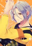  1boy black_jacket blue_hair closed_mouth ensemble_stars! highres himeru_(ensemble_stars!) jacket long_sleeves looking_at_viewer male_focus multicolored_clothes multicolored_jacket orange_background short_hair smile solo star_(symbol) yellow_eyes yellow_jacket yomo-xxx 