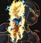  2boys artist_name aura biceps black_background blonde_hair blue_footwear blue_sash blue_shirt blue_wristband boots closed_mouth commentary dougi dragon_ball dragon_ball_z eegiiartto electricity energy english_commentary facing_away frieza frown full_body glowing green_eyes highres looking_away male_focus multiple_boys muscular muscular_male open_mouth profile sash scratches shirt signature son_goku spiky_hair super_saiyan super_saiyan_1 torn_clothes upper_body v-shaped_eyebrows wristband 