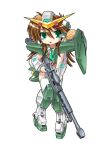  1girl aqua_eyes bangs brown_hair full_body garter_straps gun gundam gundam_00 gundam_dynames hair_between_eyes haro headgear holding holding_gun holding_weapon humanization knees_together_feet_apart long_hair mecha_musume no_nose open_mouth pigeon-toed rifle robot shinjou_satomi simple_background solo standing thigh-highs v-fin weapon white_background white_thighhighs 