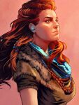  1girl aloy_(horizon) bead_necklace beads blue_scarf braid breasts brown_shirt closed_mouth facing_to_the_side hair_beads hair_ornament hair_pulled_back horizon_zero_dawn jewelry long_hair looking_to_the_side medium_breasts necklace realistic redhead scarf shirt short_sleeves solo tholia_bentz upper_body 