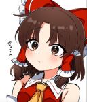  1girl ascot bangs bare_shoulders blush bow breasts brown_eyes brown_hair closed_mouth detached_sleeves frilled_bow frilled_hair_tubes frills hair_bow hair_tubes hakurei_reimu ishiki_nuru light_frown medium_breasts medium_hair red_bow red_vest solo touhou translation_request upper_body vest yellow_ascot 