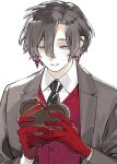  1boy black_hair black_jacket black_necktie candy chocolate collared_shirt constantine_xi_(fate) earrings fate/grand_order fate_(series) food gloves grey_eyes hair_between_eyes heart heart-shaped_chocolate holding holding_food huzishiro jacket jewelry looking_at_object male_focus necktie open_clothes open_jacket parted_lips red_gloves red_ribbon red_vest ribbon shirt short_hair simple_background smile solo suit_jacket upper_body vest white_background white_shirt 