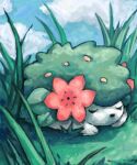blue_sky closed_eyes clouds day english_commentary flower grass hedgehog leaf no_humans no_mouth outdoors pink_flower pokemon sailorclef shadow shaymin shaymin_(land) sky sleeping solo