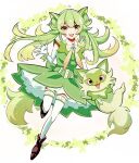  1girl :d animal_ear_fluff animal_ears bangs boots brown_footwear commentary_request creature_and_personification dress elbow_gloves eyelashes fangs frills gloves green_dress green_hair happy haruto_irasuto long_hair looking_at_viewer open_mouth personification pokemon pokemon_(creature) red_eyes smile sprigatito thigh-highs twintails white_gloves white_thighhighs 