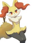  1girl :&gt; absurdres animal_ear_fluff animal_ears animal_nose arm_behind_back black_fur blush body_fur braixen closed_mouth commentary_request flat_chest fox_ears fox_girl fox_tail fur_collar furry furry_female happy highres invisible_chair legs_together looking_at_viewer mochizuki_reiji multicolored_fur pokemon pokemon_(creature) red_eyes simple_background sitting smile solo stick tail thighs white_background white_fur yellow_fur 