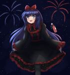 1girl bangs black_dress black_souls blue_eyes blue_hair blush bottle bow dress_bow dress_lift eyebrows eyebrows_visible_through_hair feet_out_of_frame fireworks frilled_dress frilled_sleeves frills hair_bow holding_dress mabel_(black_souls) night_sky puffy_sleeves red_bow rookie_nugget star star-shaped_pupils starry_clothing starry_sky straight_hair teeth wine_bottle yellow_pupils
