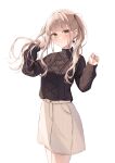  1girl absurdres black_sweater blonde_hair brown_eyes brown_skirt cowboy_shot highres long_hair long_sleeves looking_at_viewer original senri_(senri_sen) simple_background skirt sleeves_past_wrists solo sweater turtleneck turtleneck_sweater twintails white_background 