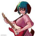  1girl ahoge animal_ears bangs black_nails breasts closed_mouth dog_ears dog_tail english_commentary green_eyes green_hair guitar hair_ornament holding holding_instrument instrument jemma_finn kasodani_kyouko large_breasts looking_at_viewer short_hair short_sleeves simple_background solo sunglasses tail touhou twitter_username upper_body white_background 