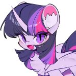  1girl 1other :3 amo animal_ear_fluff bangs blush fang fangs feathered_wings feathers fluffy horns horse looking_at_viewer multicolored_hair my_little_pony my_little_pony_friendship_is_magic no_humans open_mouth pink_hair pony purple_hair simple_background single_horn smile split-color_hair tail twilight_sparkle unicorn upper_body violet_eyes white_background wings 