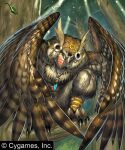  1boy animal_feet bird_legs brown_feathers brown_hair brown_wings claws cygames feather_necklace feathered_wings feathers full_body harpy_boy ishibashi_yosuke jewelry leaf light_rays looking_at_viewer male_focus mask monster_boy neck_fur necklace outdoors owl_boy owl_man_(shadowverse) shadowverse solo squatting sunbeam sunlight talons tree winged_arms wings yellow_eyes 