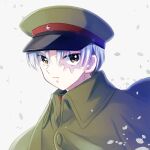  1boy angry black_hair burn_scar cloak closed_mouth dafne green_cloak green_headwear hakubi_(mao) hat looking_at_viewer male_focus mao_(takahashi_rumiko) military military_hat military_uniform multicolored_hair petals portrait scar scar_on_face solo streaked_hair uniform white_background white_hair wind yellow_eyes 