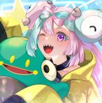  1girl ;d absurdres asada_sadao bangs bellibolt character_hair_ornament commentary_request eyelashes green_hair hair_ornament highres holding holding_pokemon hug iono_(pokemon) jacket long_hair multicolored_hair one_eye_closed open_mouth pink_hair pokemon pokemon_(creature) pokemon_(game) pokemon_sv sharp_teeth smile teeth tongue two-tone_hair upper_teeth_only violet_eyes yellow_jacket 