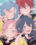  4boys absurdres amagi_rinne blue_eyes blue_hair closed_mouth crazy_b_(ensemble_stars!) ensemble_stars! grey_hair highres himeru_(ensemble_stars!) light_blue_background long_hair looking_at_viewer male_focus multiple_boys open_mouth oukawa_kohaku pink_hair redhead shiina_niki short_hair smile violet_eyes yellow_eyes yuukichan112296 