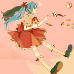  ! 1girl blue_eyes blue_hair bow commentary cookie cracker cup food frilled_skirt frills hatsune_miku kneehighs mary_janes open_mouth pink_background plate puffy_sleeves red_bow red_skirt ryu04869 shoes short_sleeves skirt sock_bow socks solo spilling spoken_exclamation_mark symbol-only_commentary tea teacup teapot teeth twintails upper_teeth_only vocaloid 