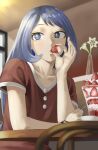  1girl absurdres alternate_costume blue_eyes blue_hair boku_no_hero_academia coffee_cup commentary_request cup dessert disposable_cup fengling_(furin-jp) flower food fruit hadou_nejire highres holding holding_food indoors long_hair red_shirt shirt sitting solo strawberry vase watch watch whipped_cream 