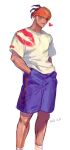  1boy alternate_costume black_hair commentary dark-skinned_male dark_skin dated hands_in_pockets headband heart hitorigaoka knees lipstick_mark looking_down male_focus orange_headband pokemon pokemon_(game) pokemon_swsh protected_link purple_shorts raihan_(pokemon) shirt short_hair short_sleeves shorts simple_background smile solo symbol-only_commentary t-shirt undercut white_background 