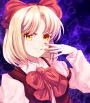  1girl blonde_hair blush bow bowtie brown_vest collared_shirt dungeon_toaster fingernails gengetsu_(touhou) grin hair_ribbon highres long_sleeves looking_at_viewer nail_polish red_bow red_bowtie red_nails red_ribbon ribbon shirt short_hair sleeve_garter smile solo touhou touhou_(pc-98) upper_body vest white_shirt yellow_eyes 