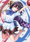  1girl arm_up ball bangs black_hair blue_bow blue_bowtie blurry blurry_background blush bow bowtie buttons cape checkered_cape depth_of_field dress flat_chest full_body grin hair_between_eyes highres horns kijin_seija looking_at_viewer medium_hair meimei_(meimei89008309) miracle_mallet multicolored_hair no_socks orb red_eyes sandals simple_background skirt smile solo streaked_hair touhou yin_yang yin_yang_orb 